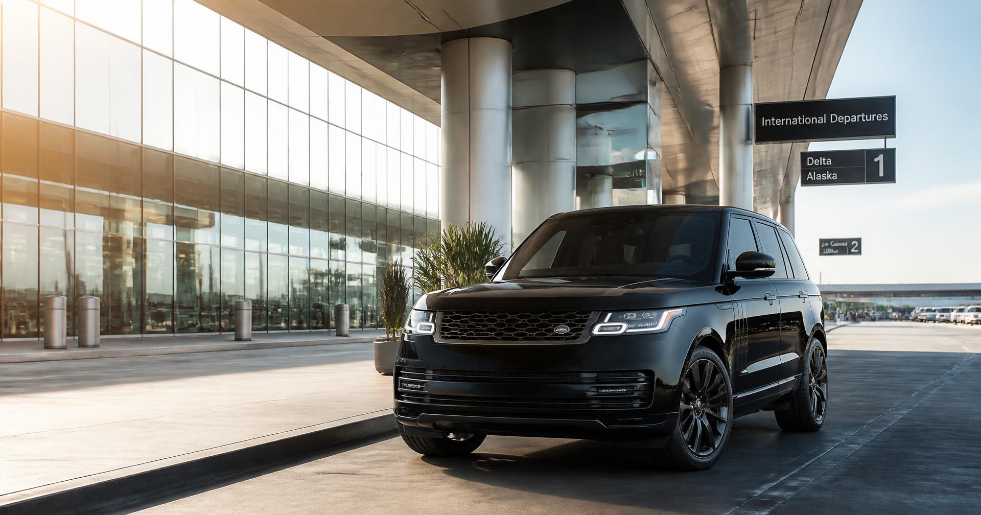 Black luxury SUV waiting at a bright modern airport terminal in daylight